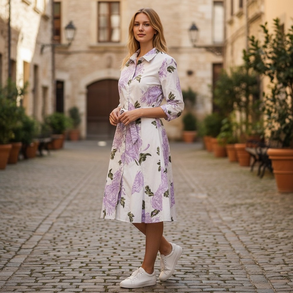 Halogen Shirt Dress Wmns L White Purple Floral Cotton Belted Fit Flare HA269122